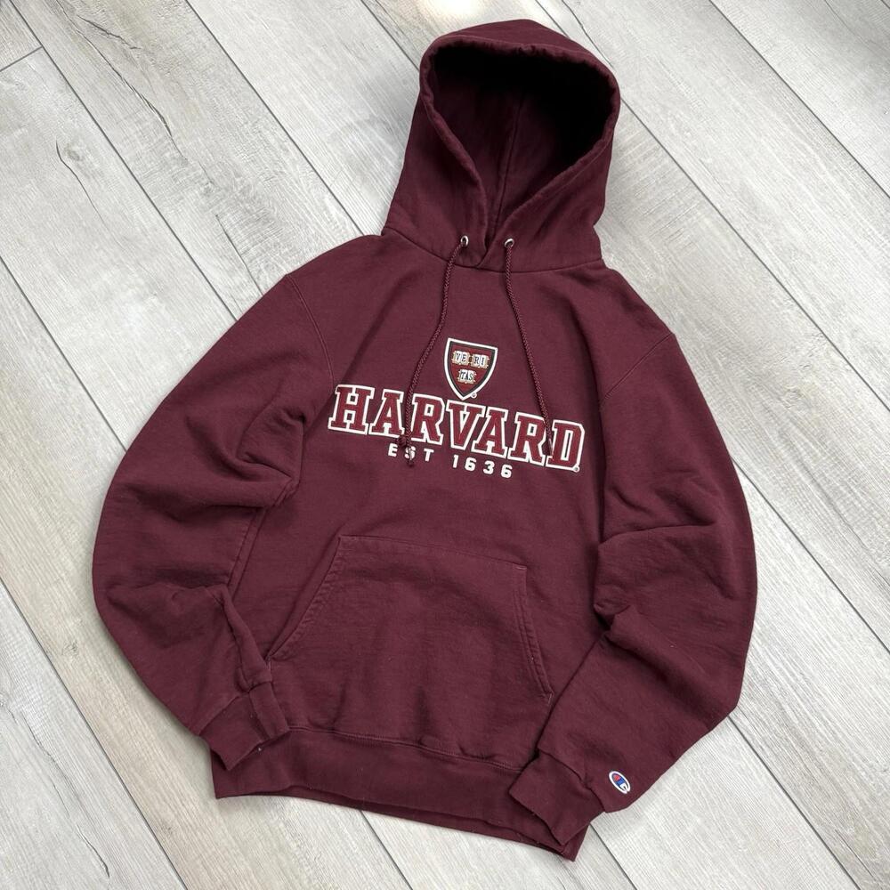 Y2K Champion Harvard University Hoodie Maroon Size S Embroidered Logo EST 1636